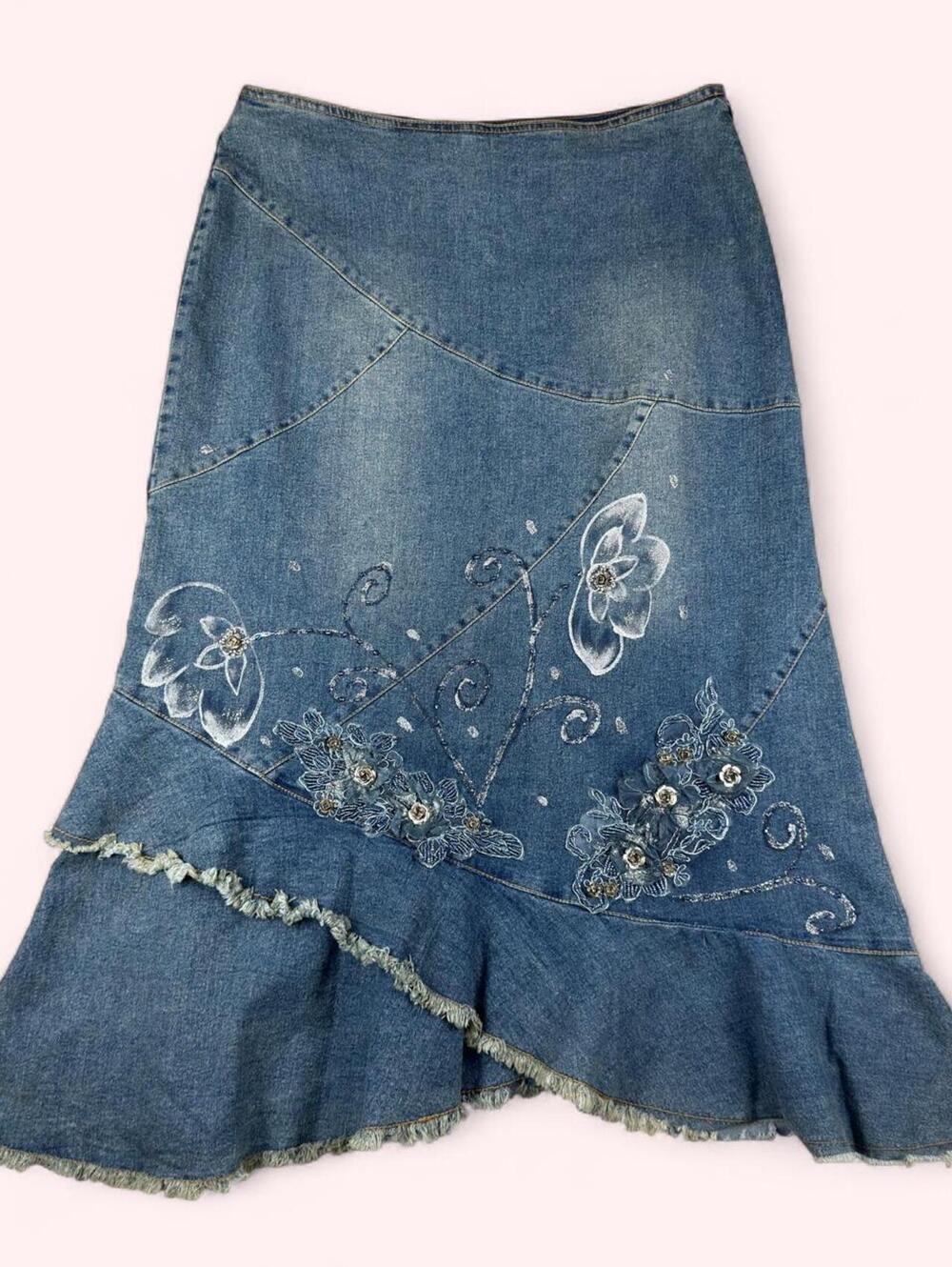 Deadstock West 36th Denim Midi Skirt with White Floral Embroidery and Beads